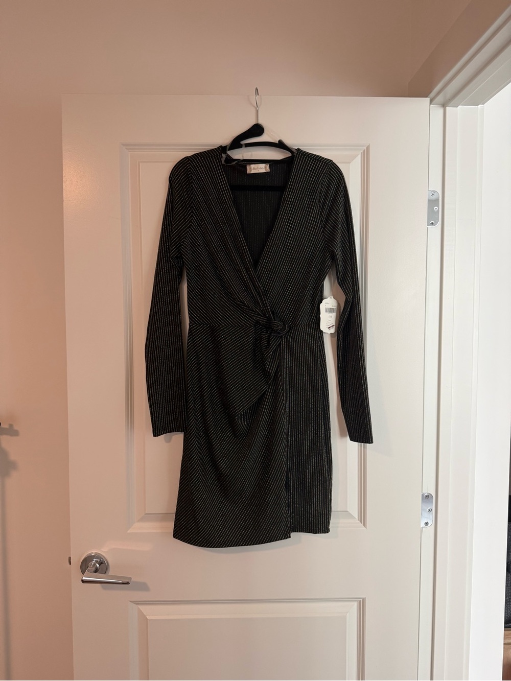 Altar'd State Black Pinstripe Knot-Waist Wrap Dress